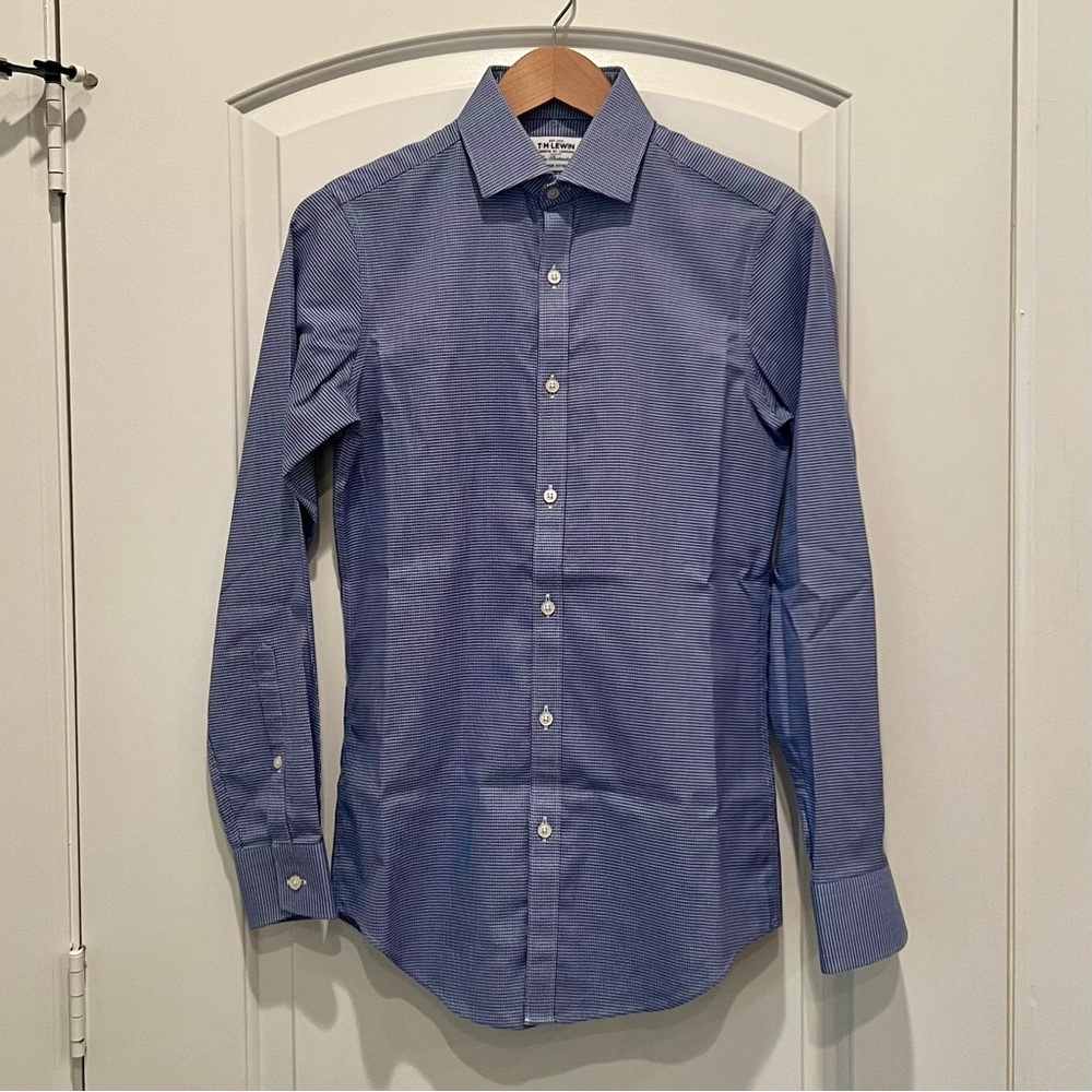 T.M.Lewin - Men’s Dress Shirt - Super Fitted - 14.5/33.5 - Navy Check - Non-Iron
